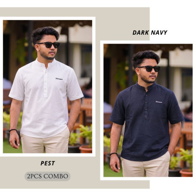 Half Sleeve Ben Collar Shirts || WHITE & DARK NAVY