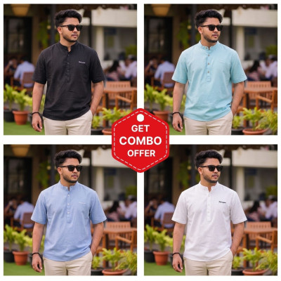 Half Sleeve Ben Collar Shirts || BLACK & PEST& SKY & WHITE